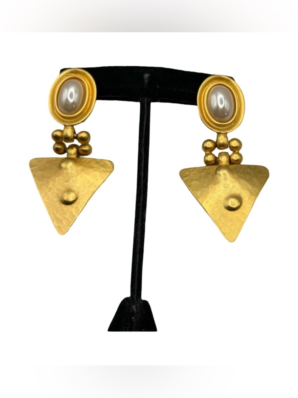 Gold Tone Triangle Drop Earrings with Pearl Accent - Women Jewelry